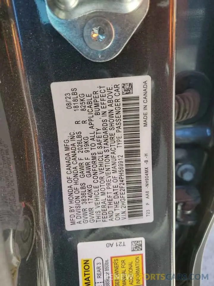 12 Фотография поврежденного автомобиля 2HGFE2F24PH569912 HONDA CIVIC 2023