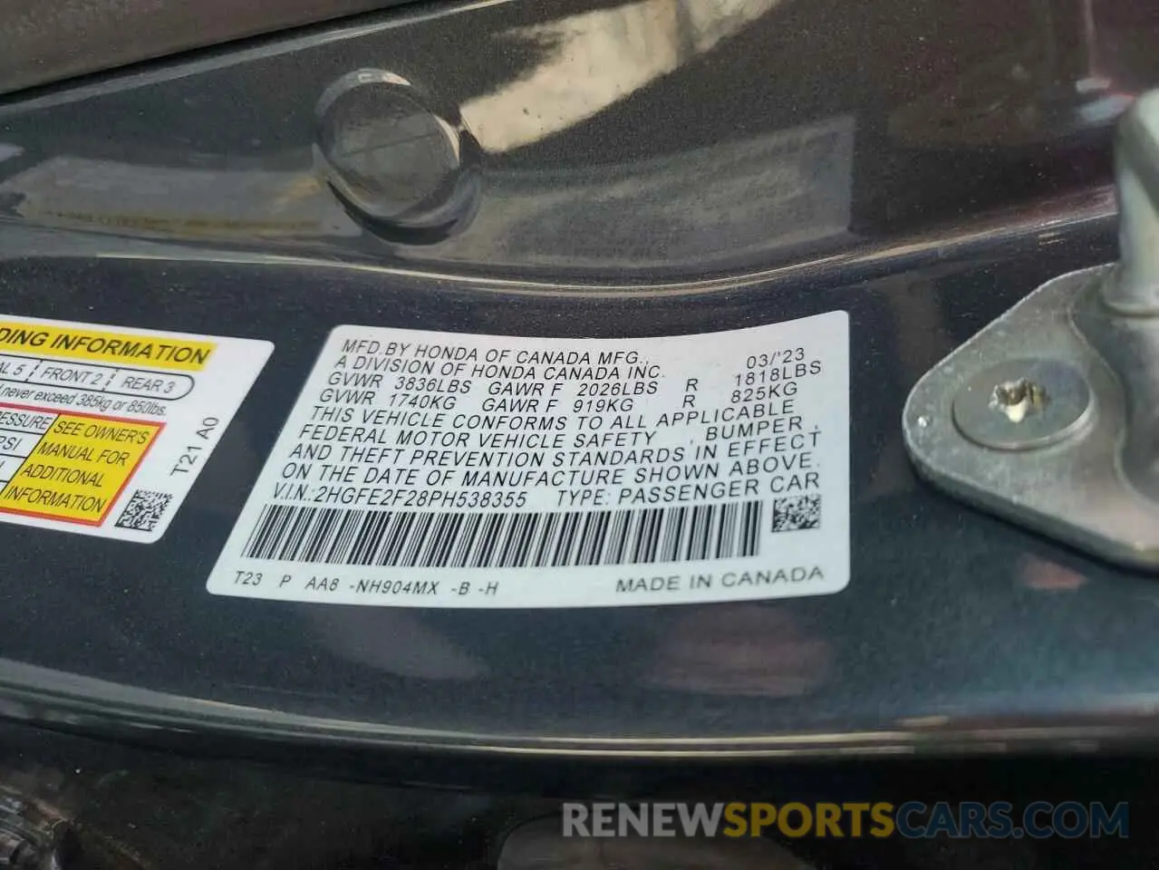 13 Photograph of a damaged car 2HGFE2F28PH538355 HONDA CIVIC 2023