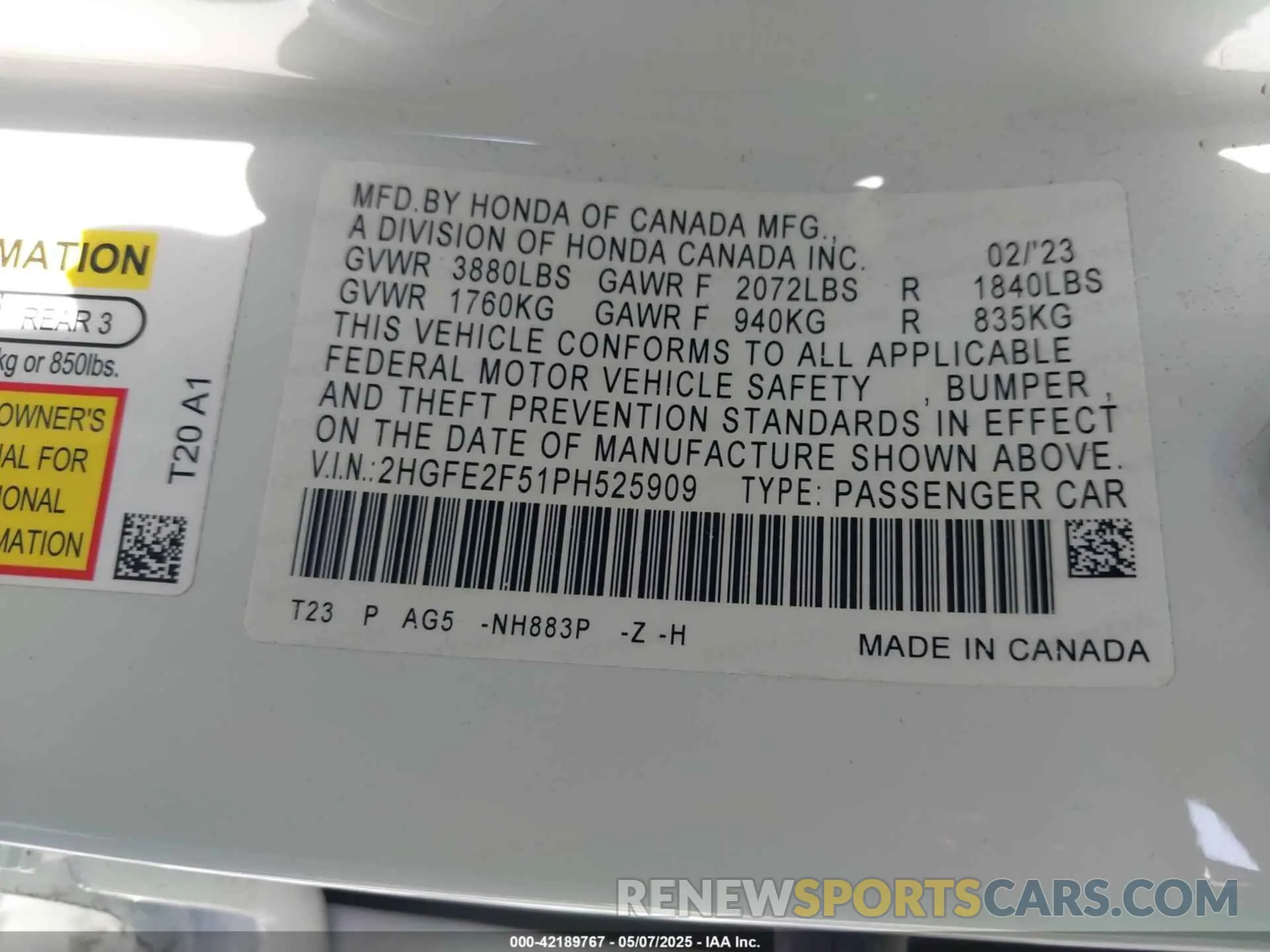 9 Фотография поврежденного автомобиля 2HGFE2F51PH525909 HONDA CIVIC 2023