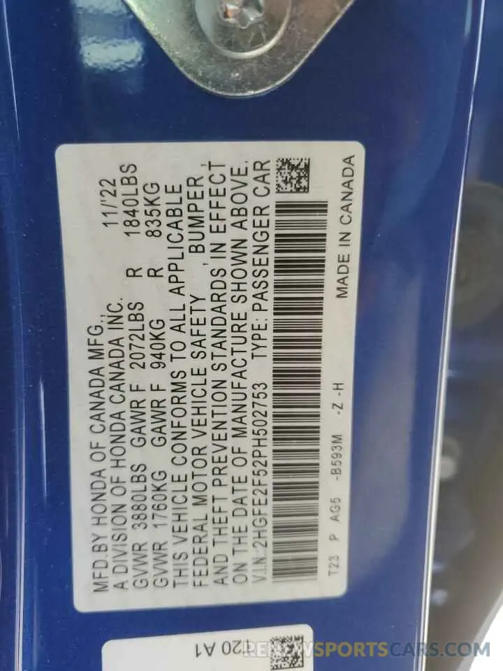 12 Фотография поврежденного автомобиля 2HGFE2F52PH502753 HONDA CIVIC 2023