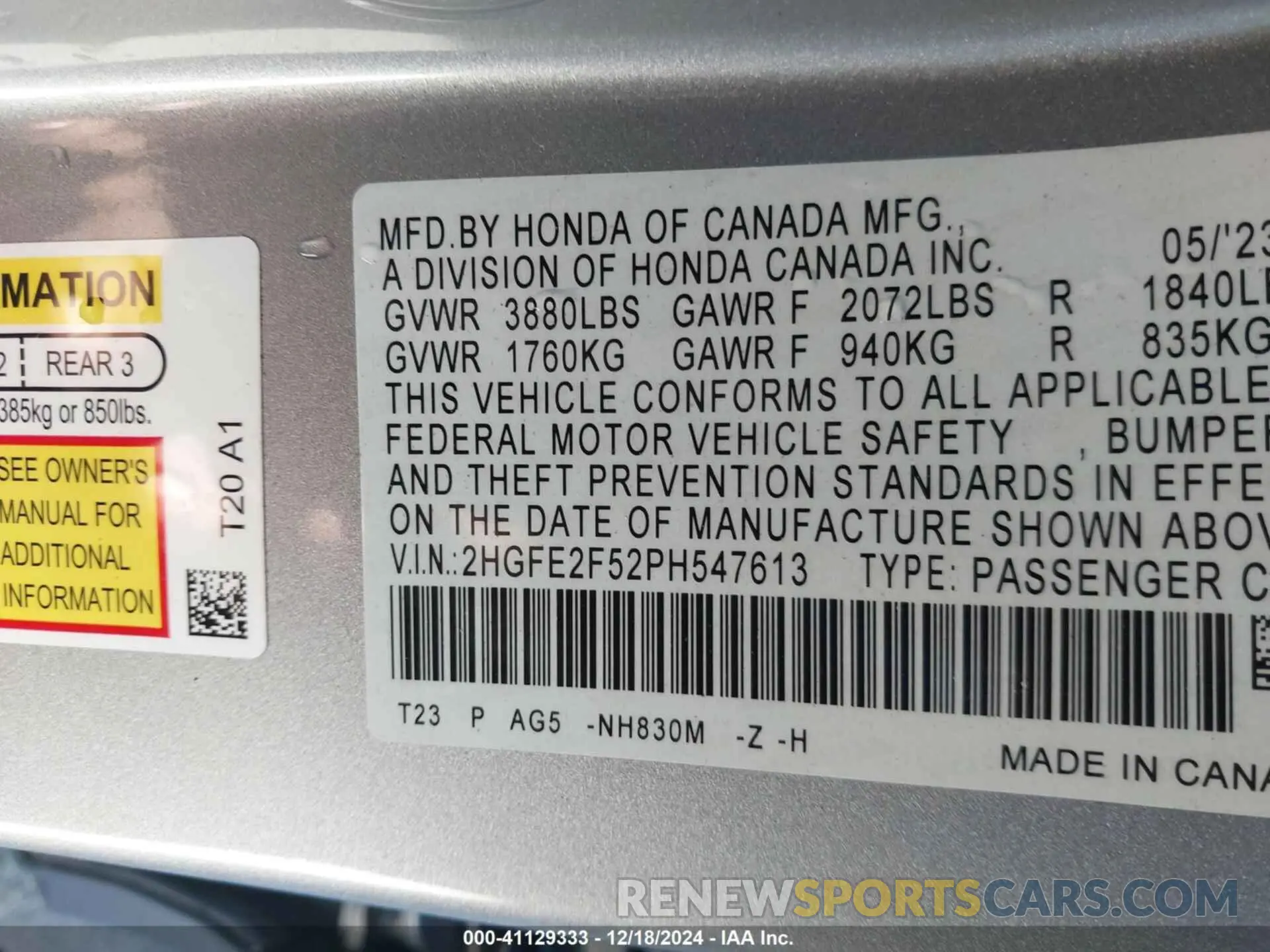 9 Фотография поврежденного автомобиля 2HGFE2F52PH547613 HONDA CIVIC 2023