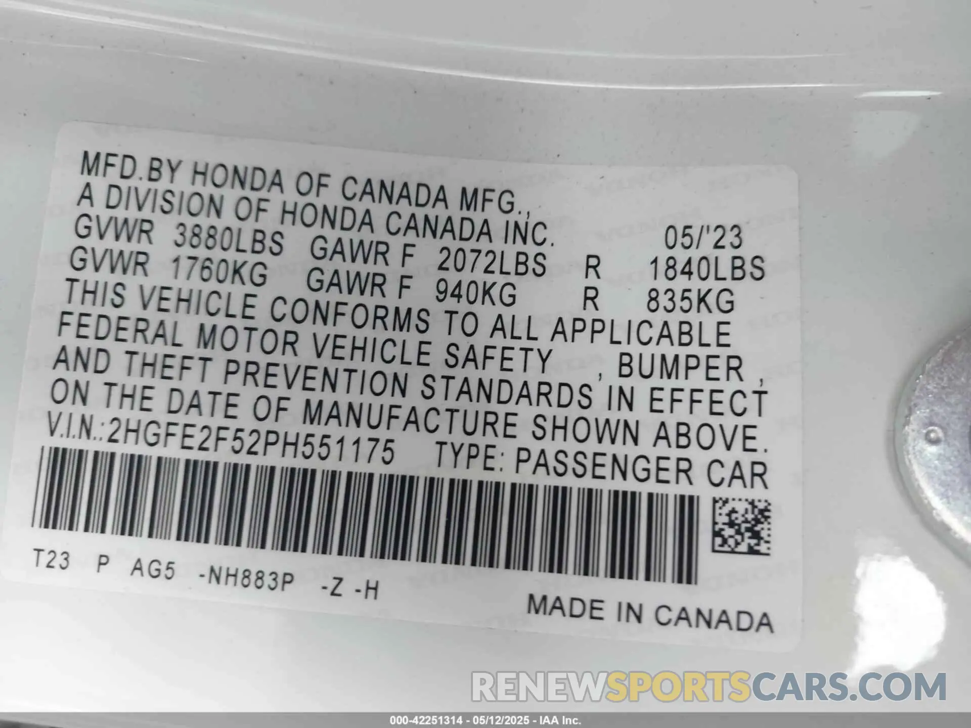 9 Фотография поврежденного автомобиля 2HGFE2F52PH551175 HONDA CIVIC 2023
