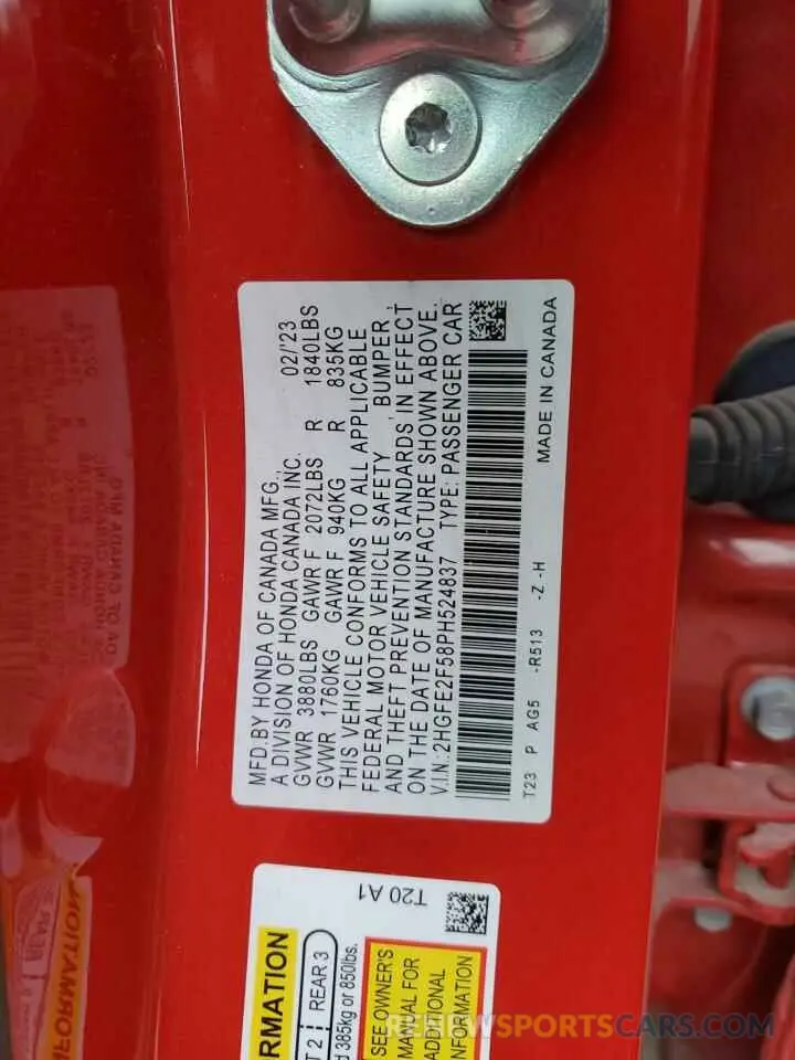 12 Фотография поврежденного автомобиля 2HGFE2F58PH524837 HONDA CIVIC 2023