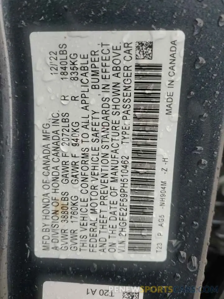 12 Фотография поврежденного автомобиля 2HGFE2F59PH510462 HONDA CIVIC 2023