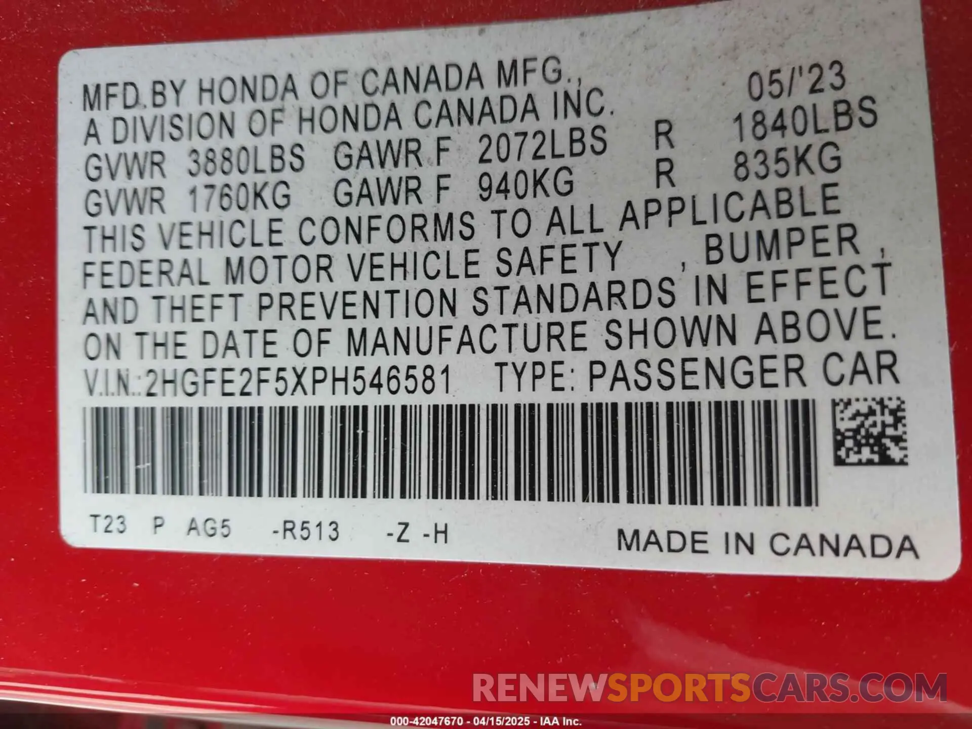 9 Photograph of a damaged car 2HGFE2F5XPH546581 HONDA CIVIC 2023