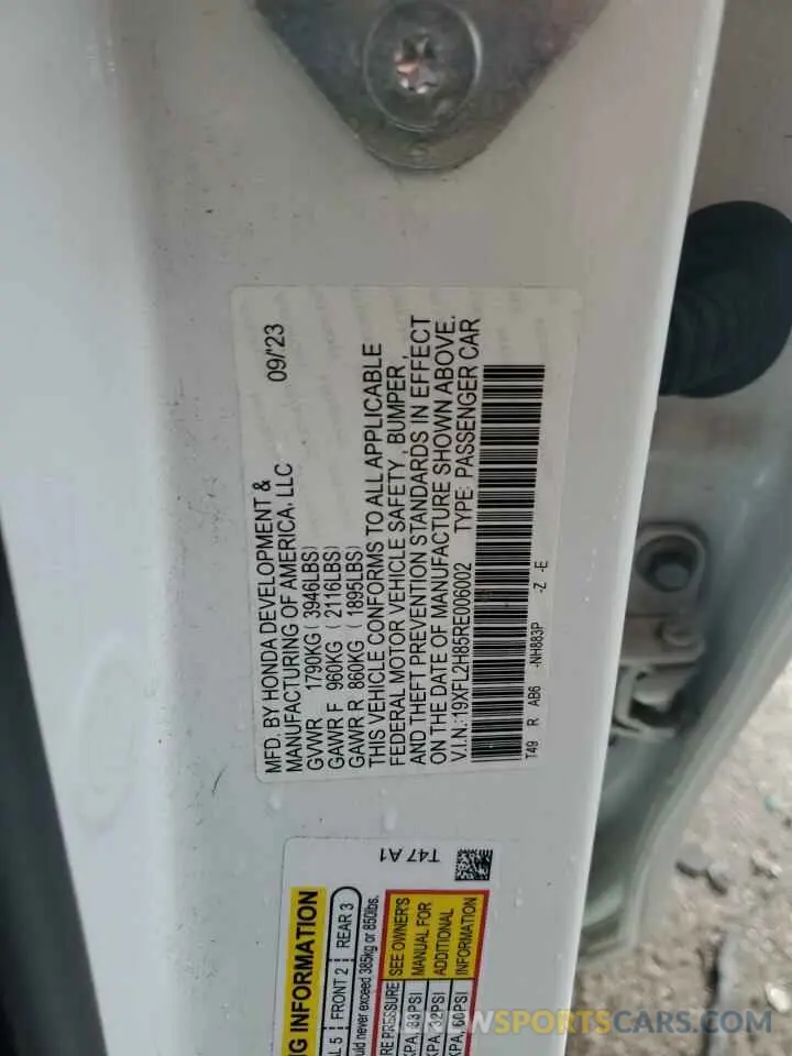12 Photograph of a damaged car 19XFL2H85RE006002 HONDA CIVIC 2024