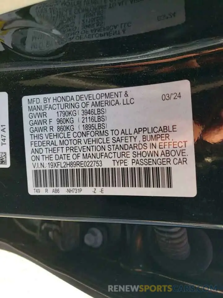 12 Photograph of a damaged car 19XFL2H89RE022753 HONDA CIVIC 2024