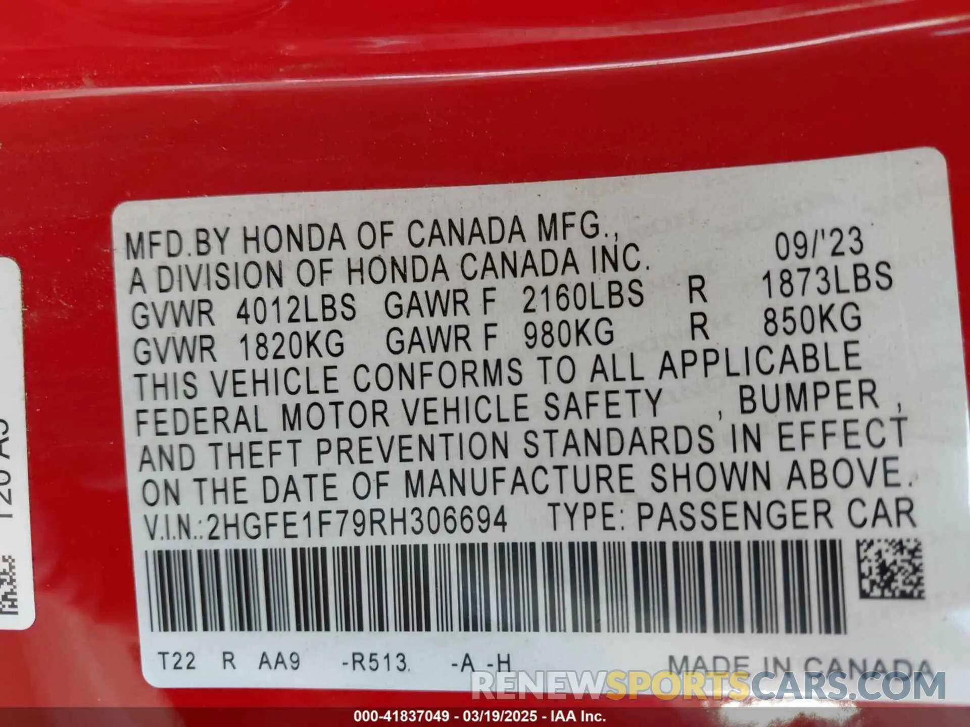 9 Photograph of a damaged car 2HGFE1F79RH306694 HONDA CIVIC 2024