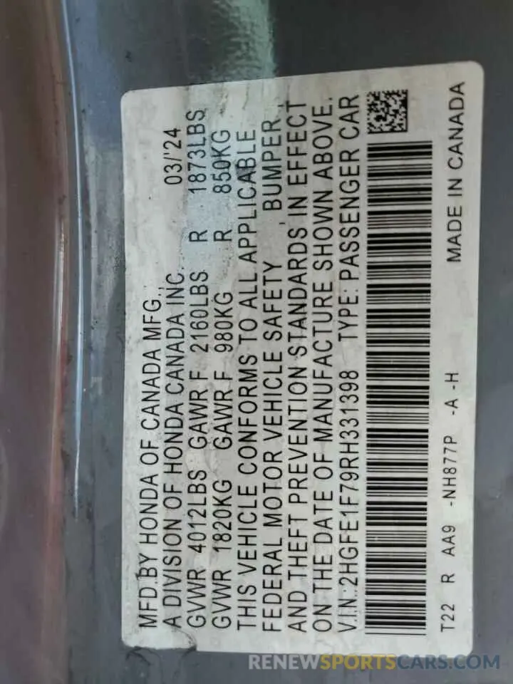 12 Фотография поврежденного автомобиля 2HGFE1F79RH331398 HONDA CIVIC 2024