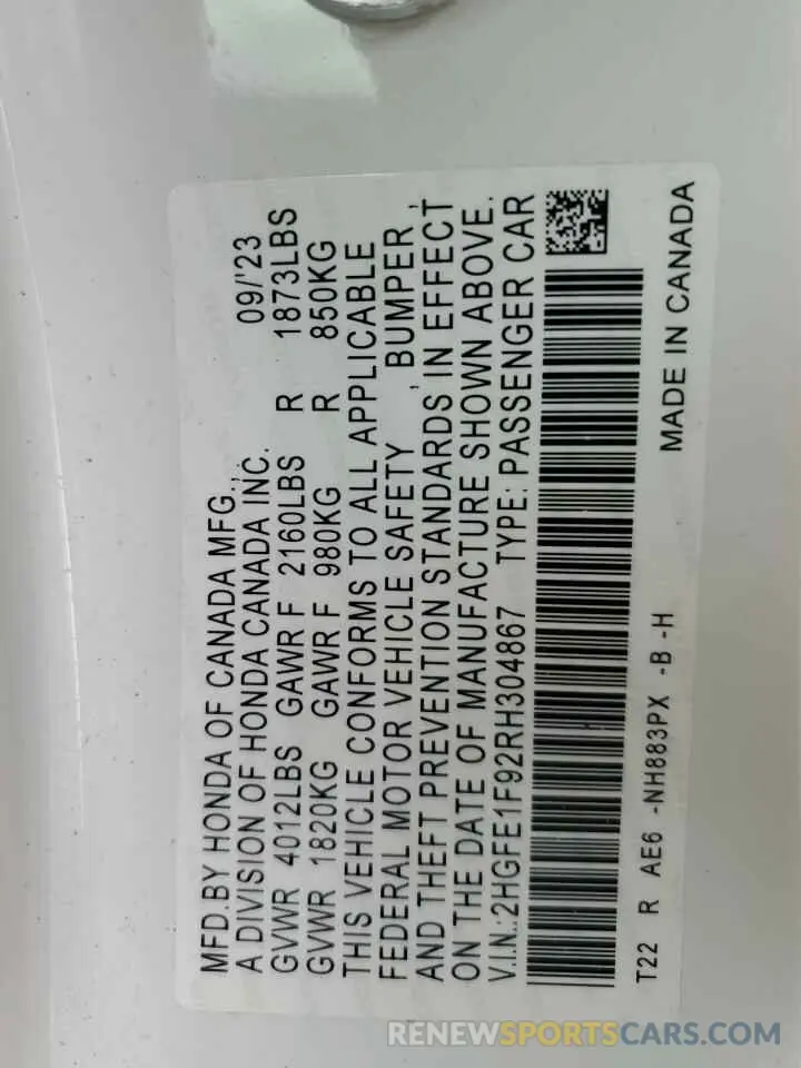 12 Фотография поврежденного автомобиля 2HGFE1F92RH304867 HONDA CIVIC 2024