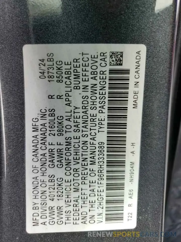 13 Photograph of a damaged car 2HGFE1F96RH333689 HONDA CIVIC 2024