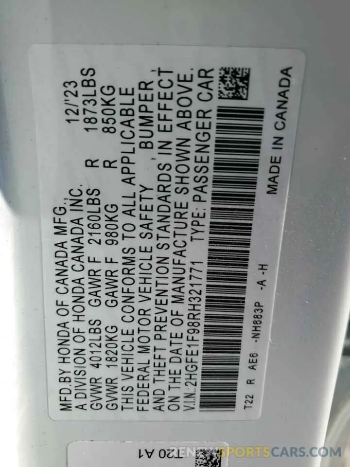 12 Фотография поврежденного автомобиля 2HGFE1F98RH321771 HONDA CIVIC 2024