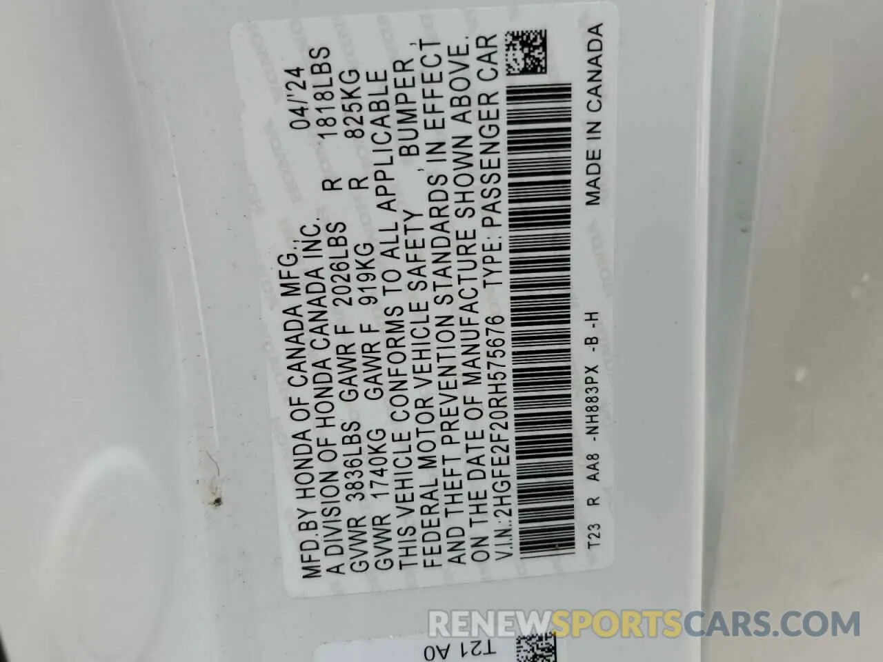 12 Фотография поврежденного автомобиля 2HGFE2F20RH575676 HONDA CIVIC 2024