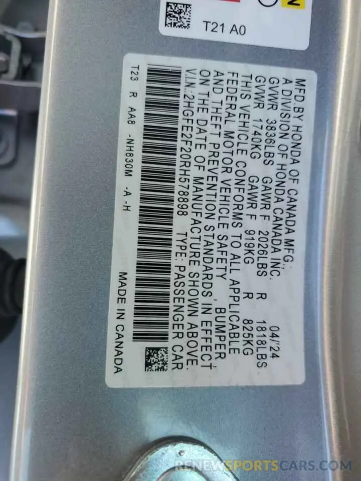 12 Photograph of a damaged car 2HGFE2F20RH578898 HONDA CIVIC 2024