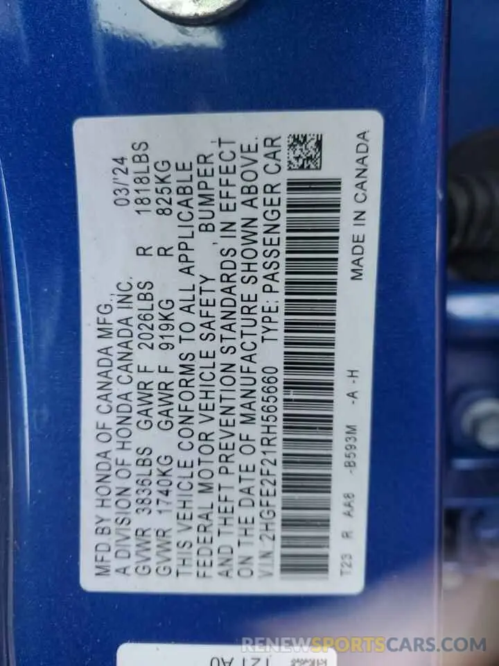 12 Фотография поврежденного автомобиля 2HGFE2F21RH565660 HONDA CIVIC 2024