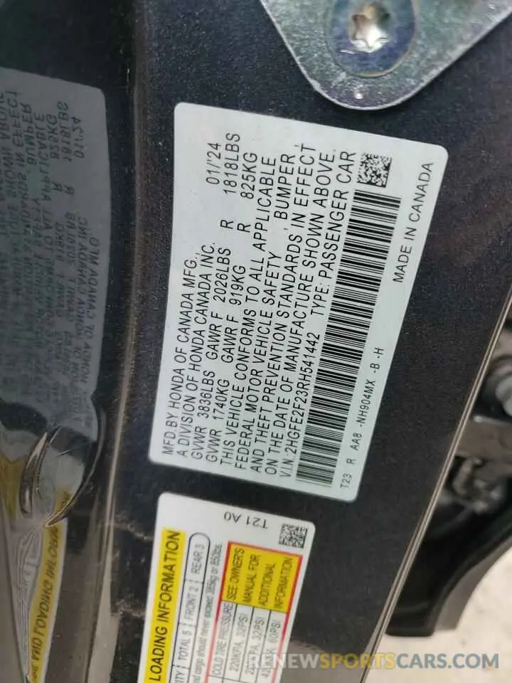 12 Фотография поврежденного автомобиля 2HGFE2F23RH541442 HONDA CIVIC 2024