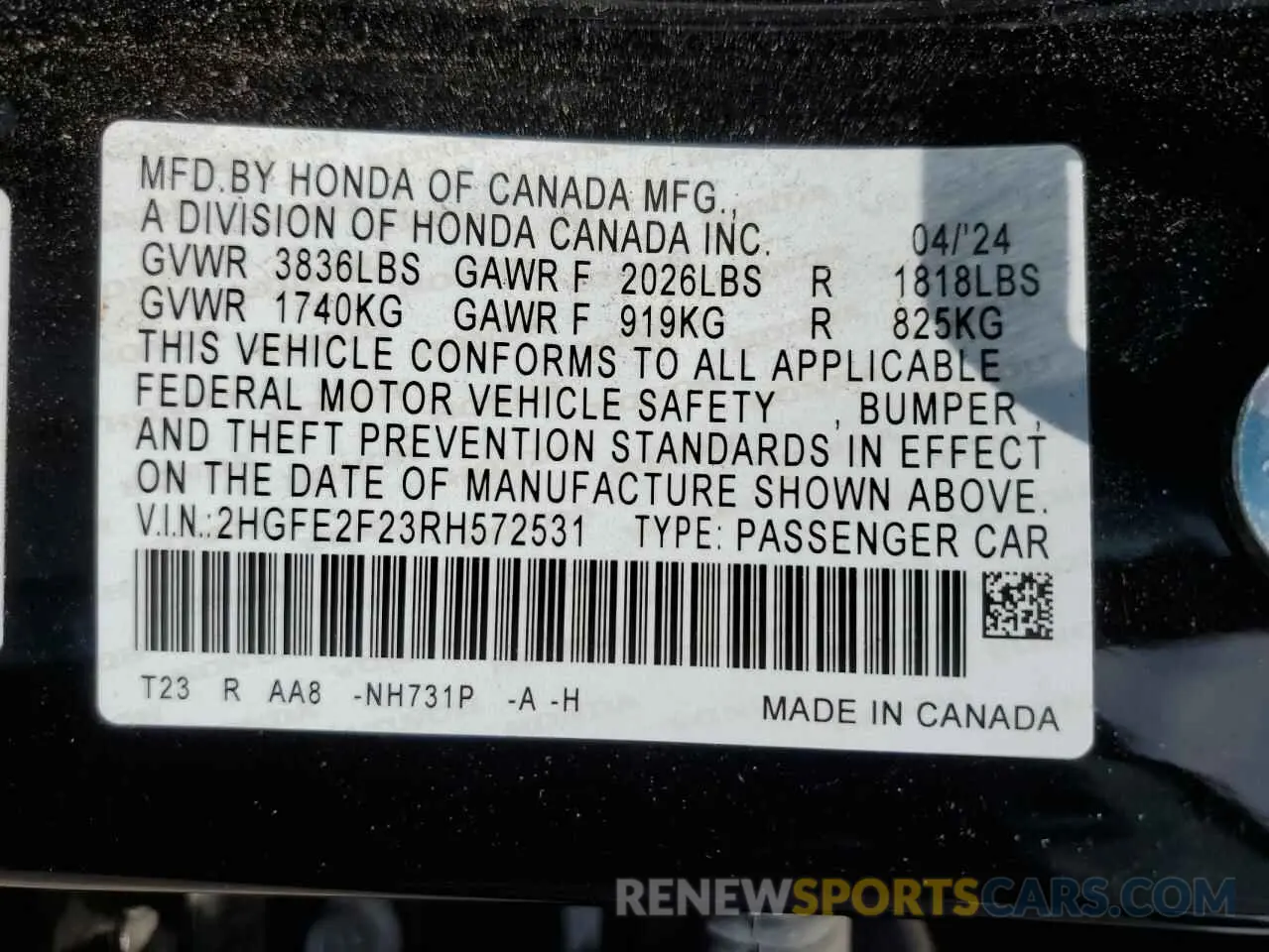 12 Photograph of a damaged car 2HGFE2F23RH572531 HONDA CIVIC 2024