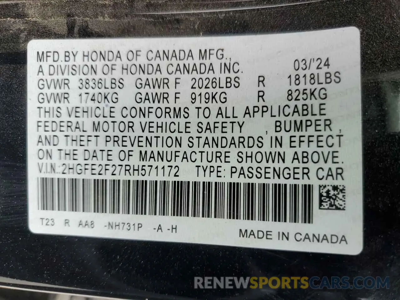 12 Photograph of a damaged car 2HGFE2F27RH571172 HONDA CIVIC 2024