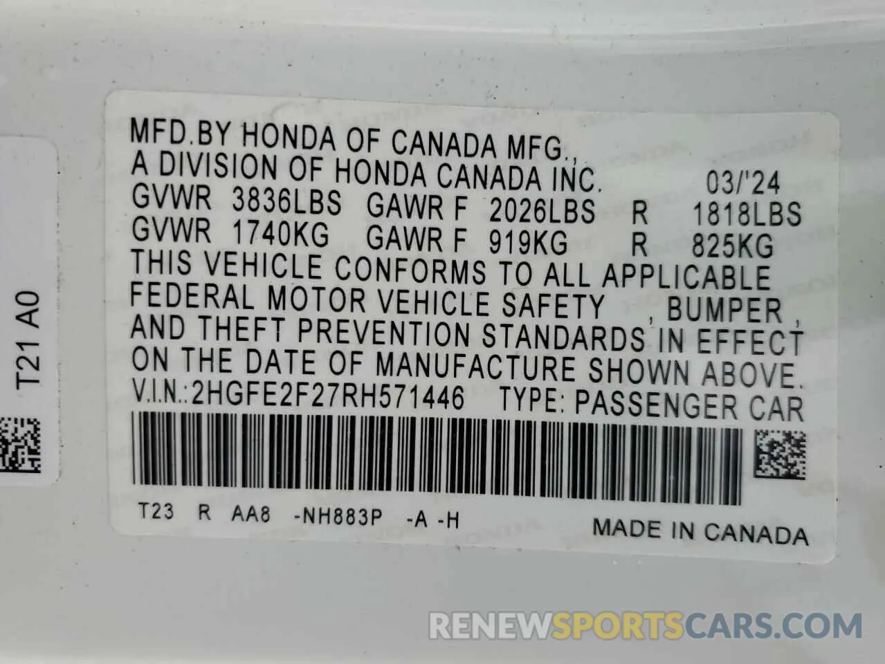 13 Фотография поврежденного автомобиля 2HGFE2F27RH571446 HONDA CIVIC 2024
