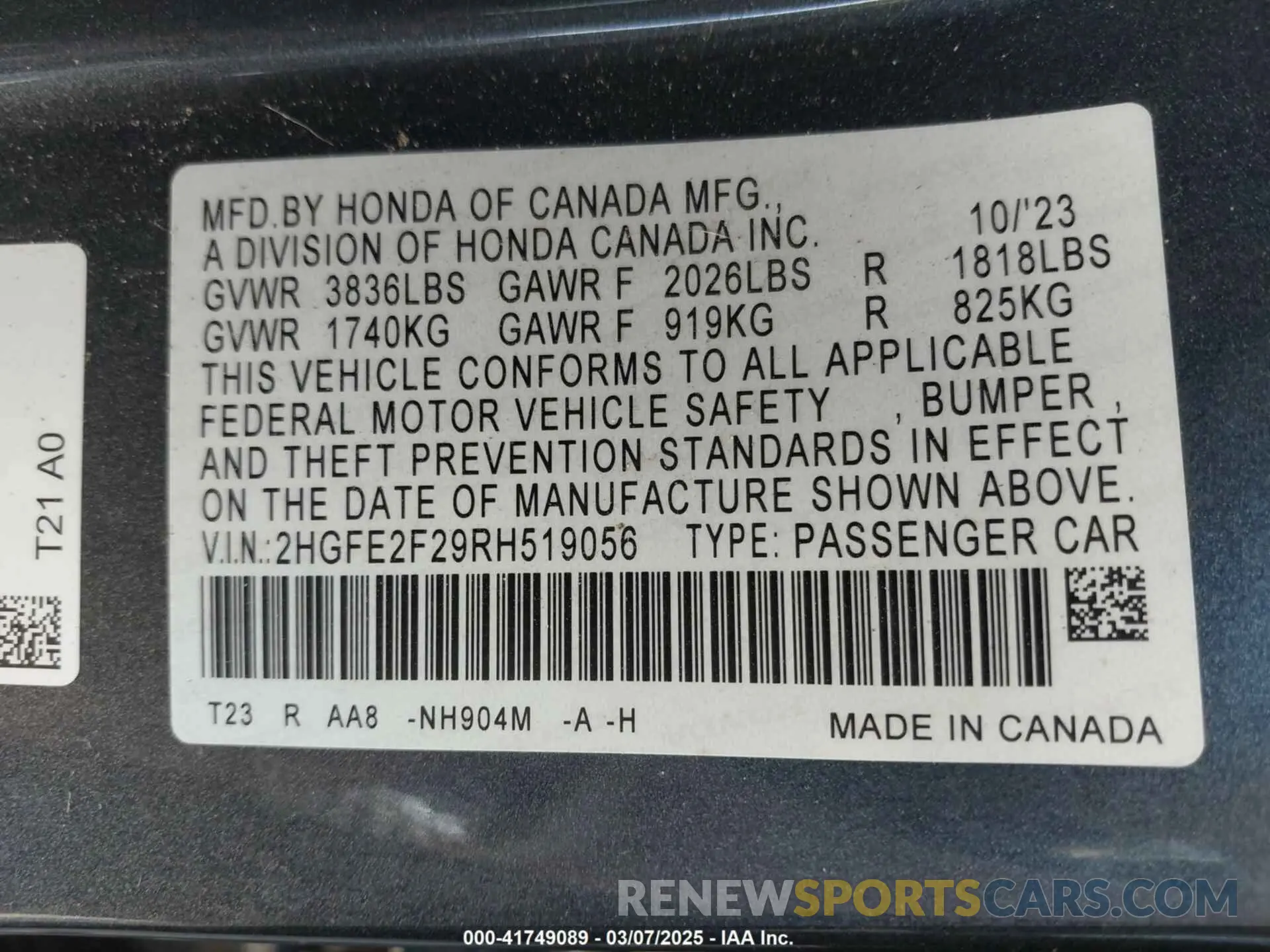 9 Фотография поврежденного автомобиля 2HGFE2F29RH519056 HONDA CIVIC 2024