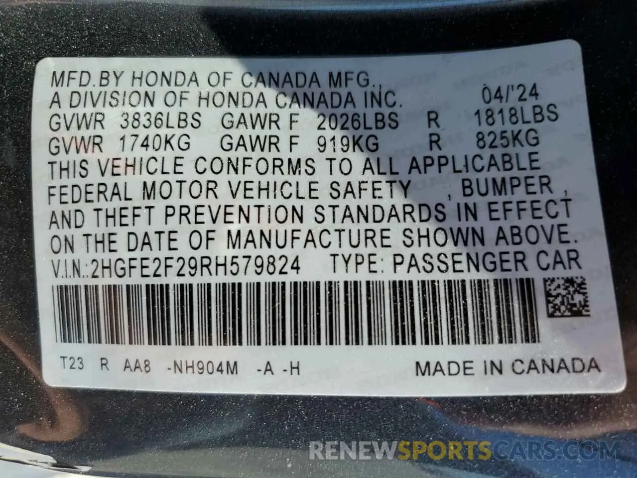 14 Photograph of a damaged car 2HGFE2F29RH579824 HONDA CIVIC 2024