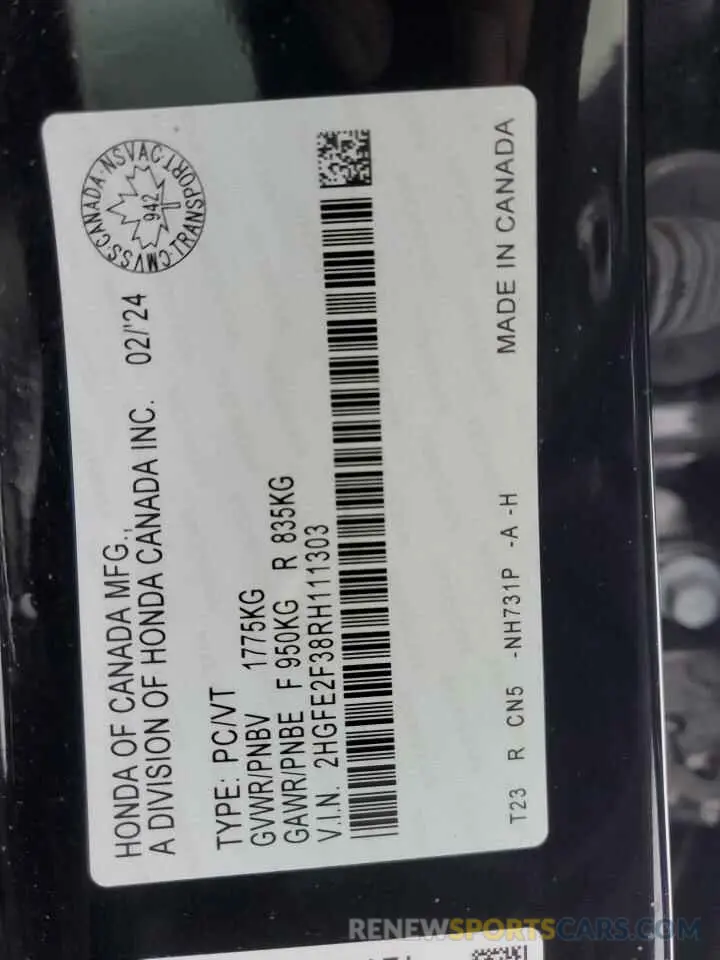 12 Фотография поврежденного автомобиля 2HGFE2F38RH111303 HONDA CIVIC 2024