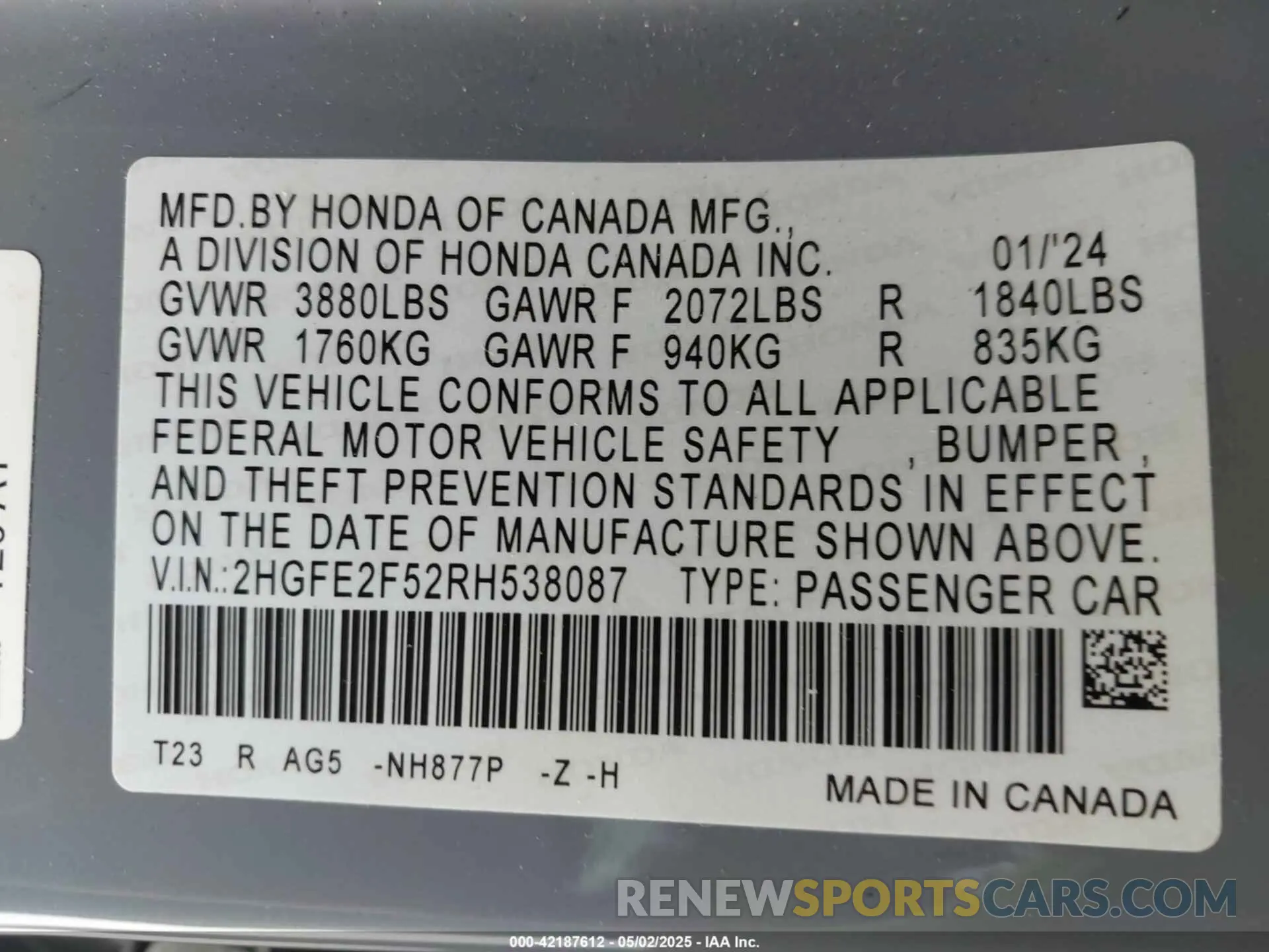 9 Photograph of a damaged car 2HGFE2F52RH538087 HONDA CIVIC 2024