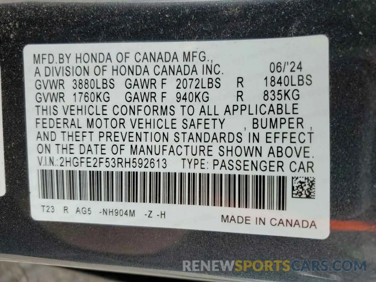 12 Photograph of a damaged car 2HGFE2F53RH592613 HONDA CIVIC 2024