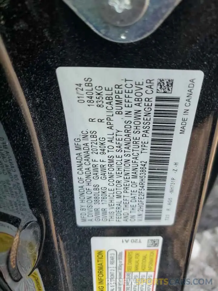 12 Фотография поврежденного автомобиля 2HGFE2F54RH538642 HONDA CIVIC 2024
