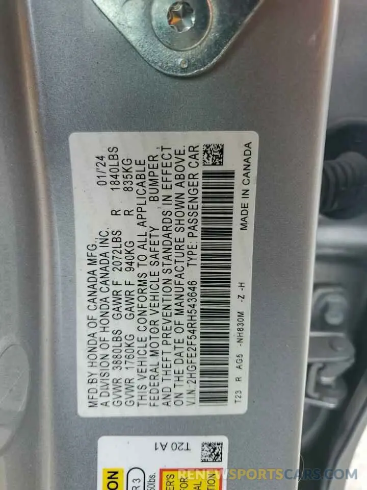 12 Photograph of a damaged car 2HGFE2F54RH543646 HONDA CIVIC 2024