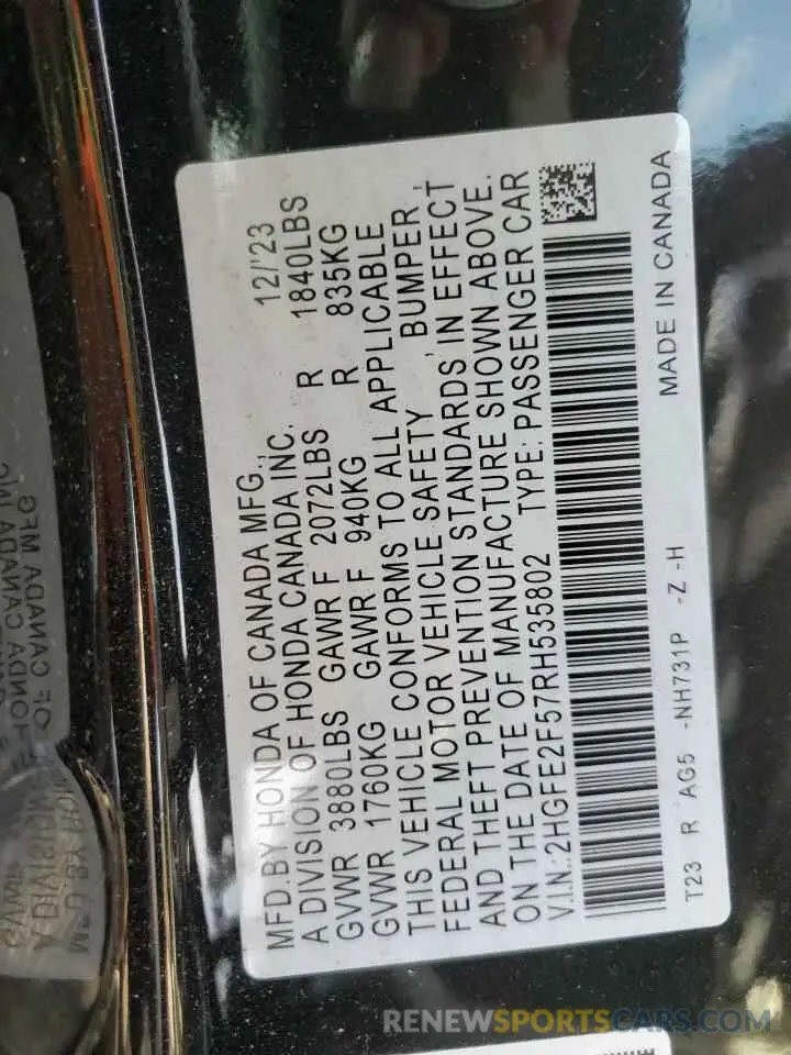 13 Фотография поврежденного автомобиля 2HGFE2F57RH535802 HONDA CIVIC 2024
