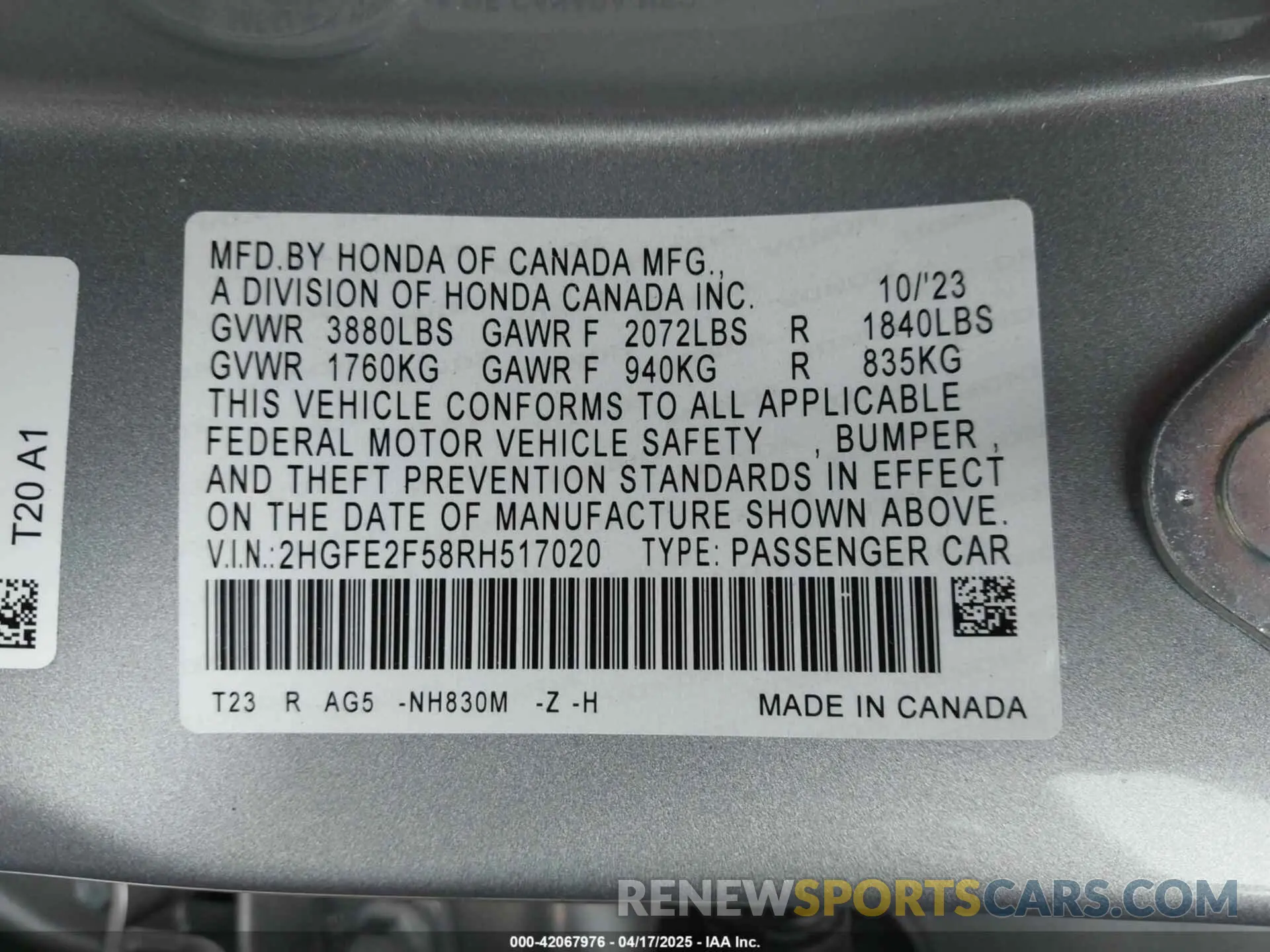 9 Фотография поврежденного автомобиля 2HGFE2F58RH517020 HONDA CIVIC 2024