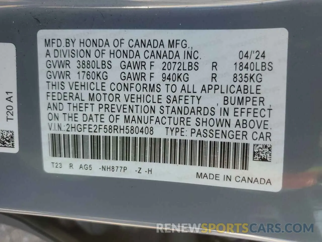 12 Photograph of a damaged car 2HGFE2F58RH580408 HONDA CIVIC 2024