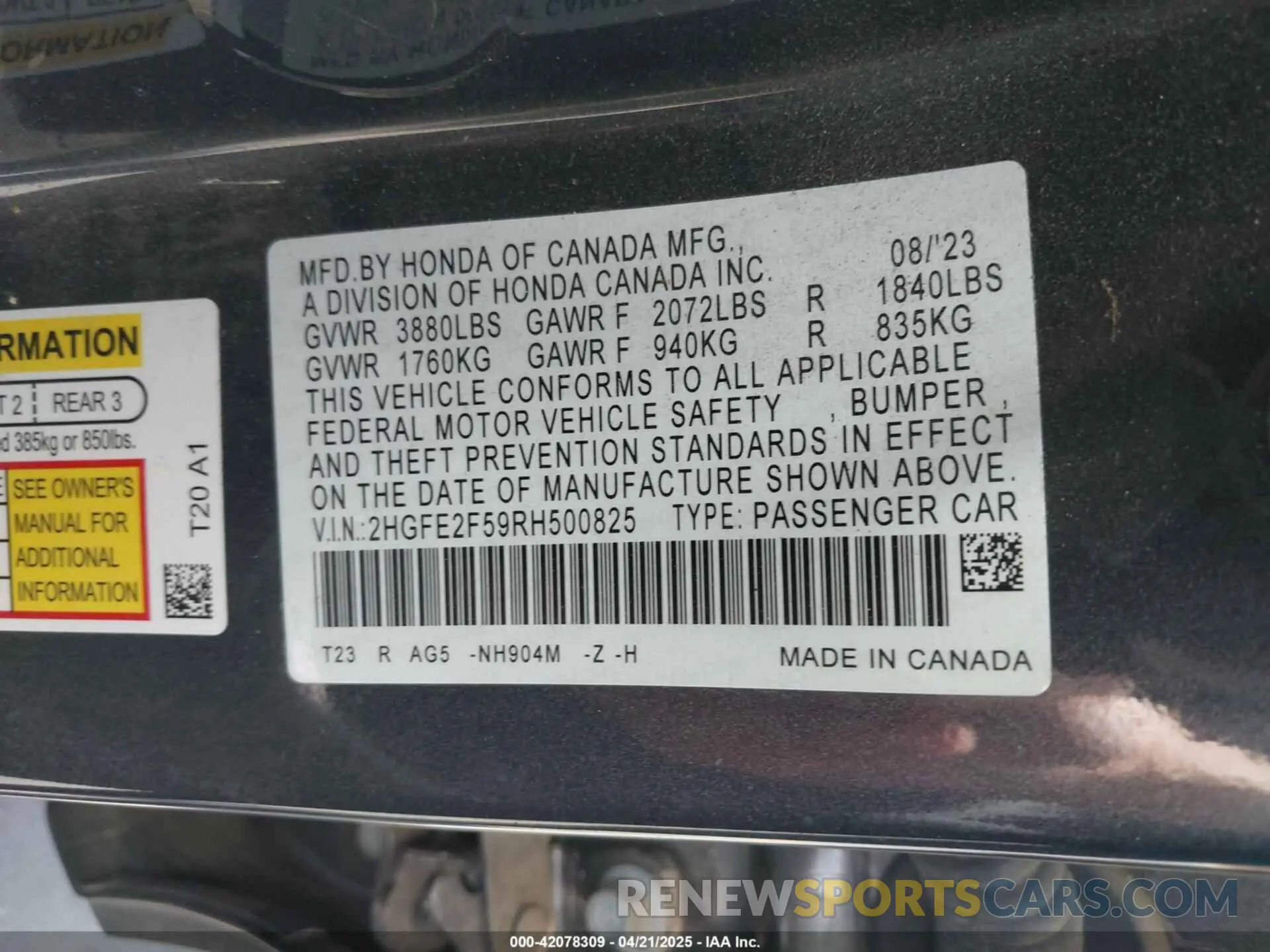 9 Фотография поврежденного автомобиля 2HGFE2F59RH500825 HONDA CIVIC 2024