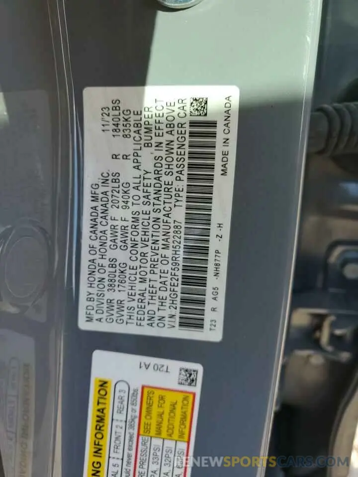 12 Photograph of a damaged car 2HGFE2F59RH522887 HONDA CIVIC 2024