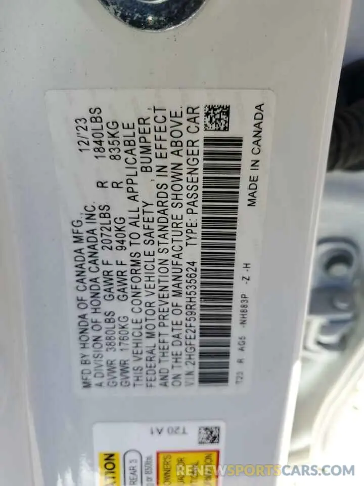 13 Фотография поврежденного автомобиля 2HGFE2F59RH535624 HONDA CIVIC 2024