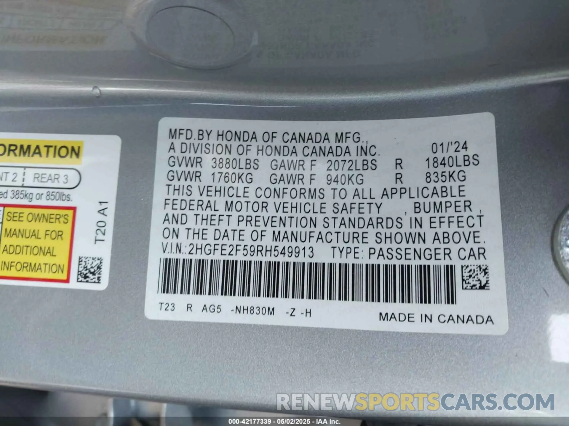 9 Фотография поврежденного автомобиля 2HGFE2F59RH549913 HONDA CIVIC 2024