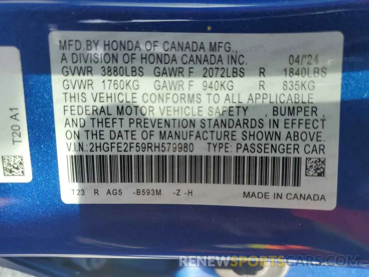 12 Photograph of a damaged car 2HGFE2F59RH579980 HONDA CIVIC 2024