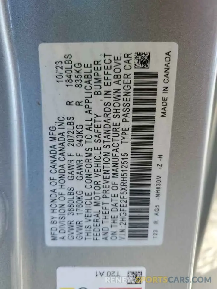 14 Фотография поврежденного автомобиля 2HGFE2F5XRH512515 HONDA CIVIC 2024
