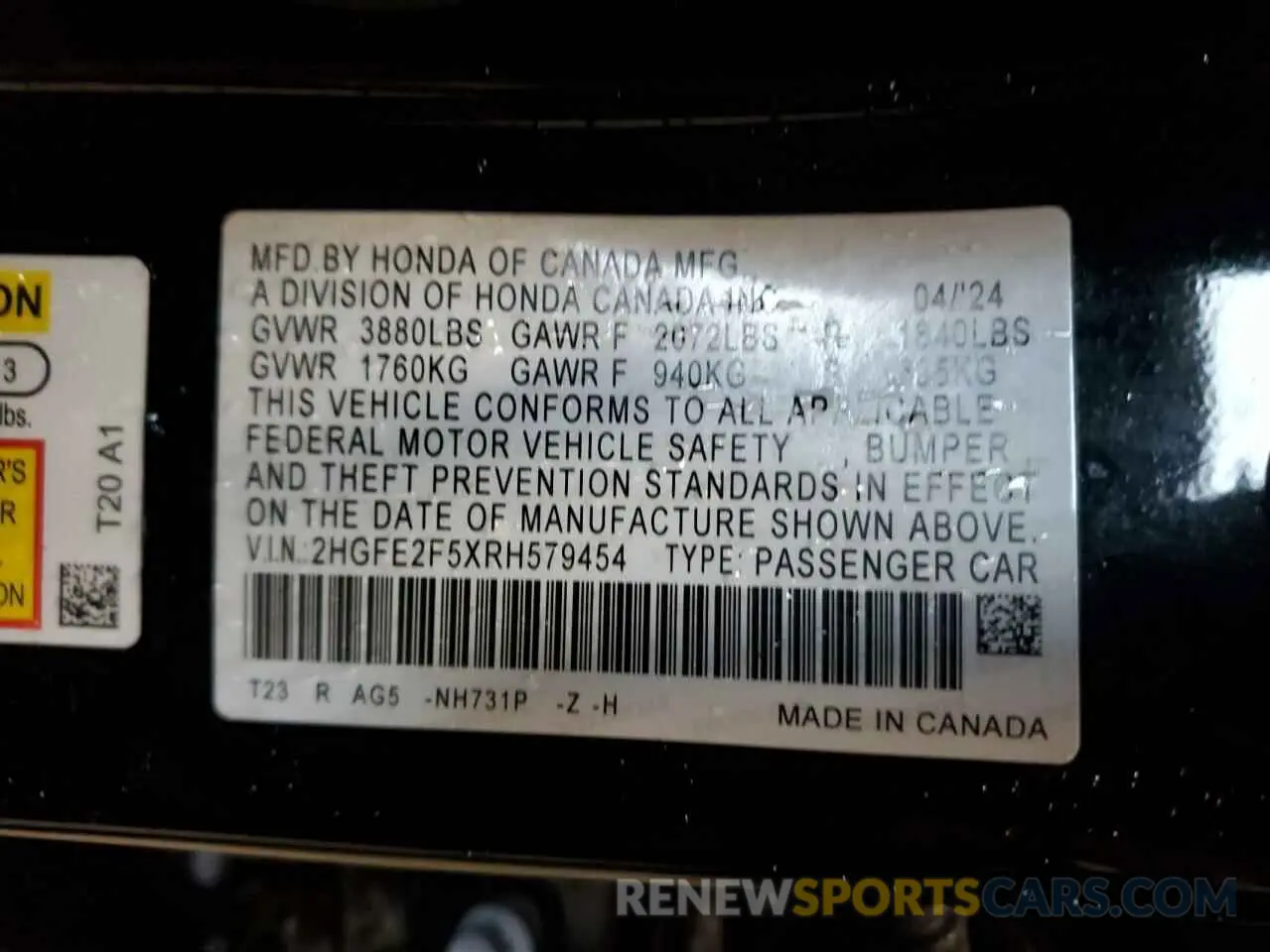 12 Photograph of a damaged car 2HGFE2F5XRH579454 HONDA CIVIC 2024
