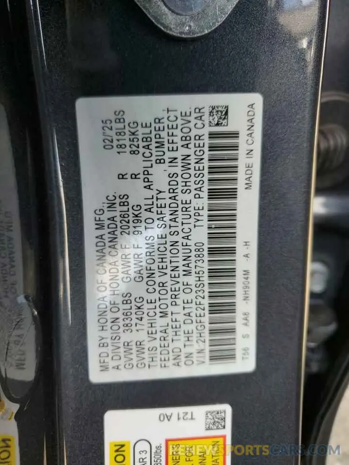 12 Фотография поврежденного автомобиля 2HGFE2F23SH573880 HONDA CIVIC 2025