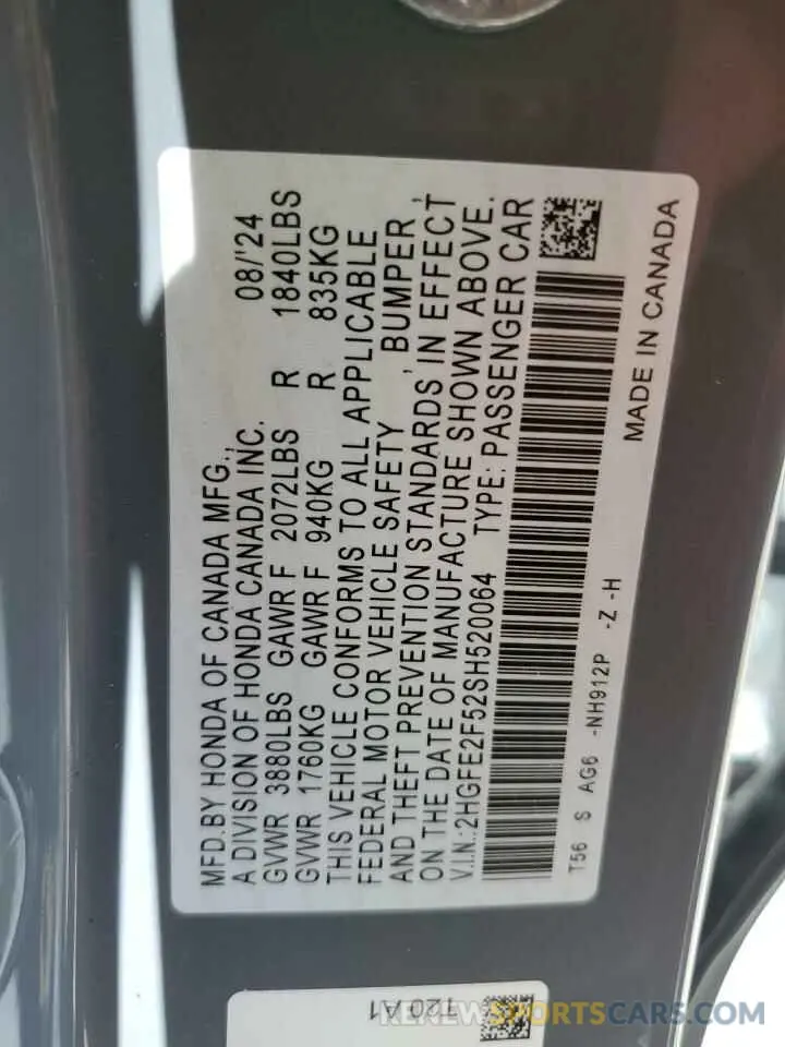 12 Фотография поврежденного автомобиля 2HGFE2F52SH520064 HONDA CIVIC 2025