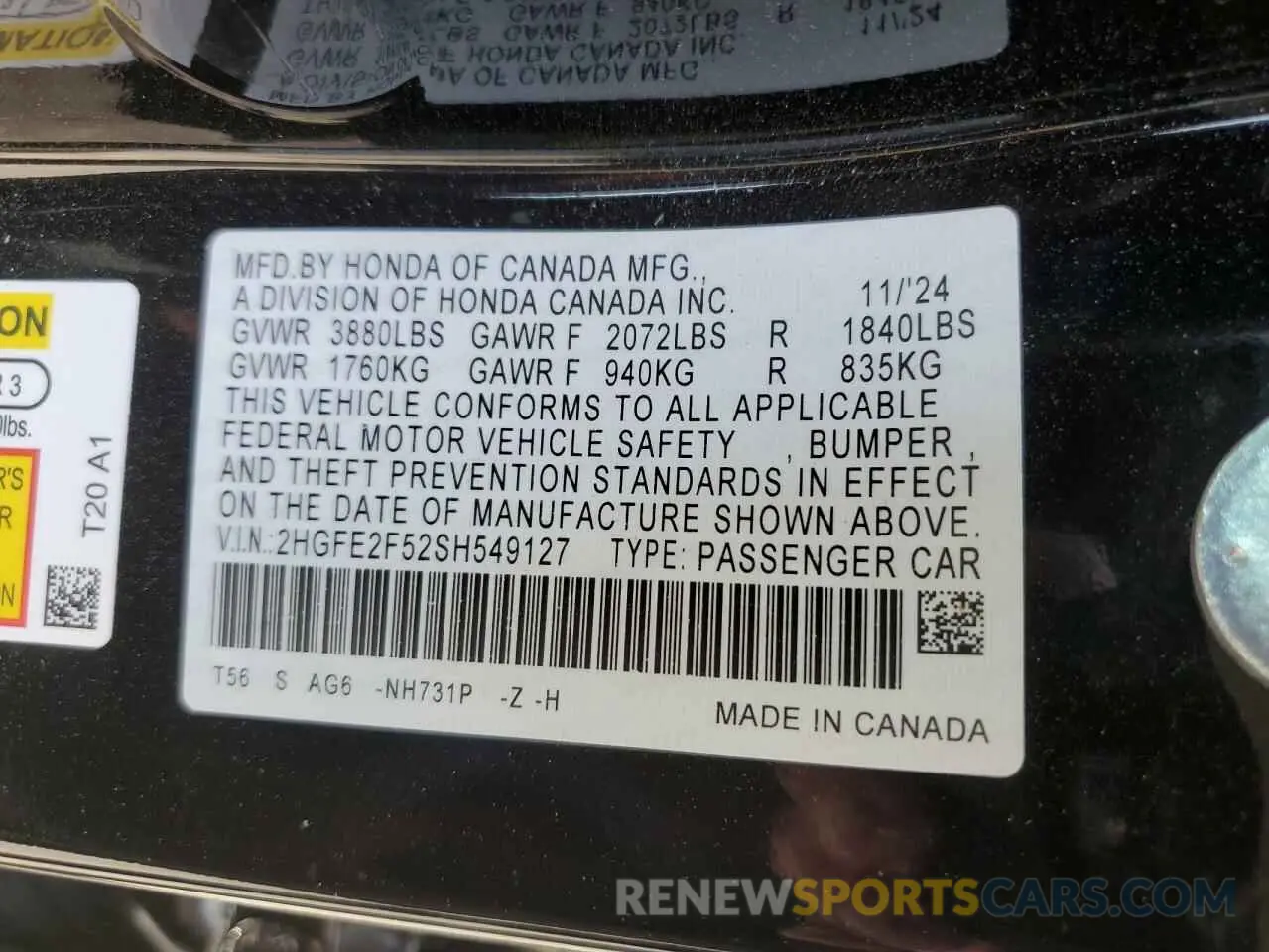 12 Фотография поврежденного автомобиля 2HGFE2F52SH549127 HONDA CIVIC 2025