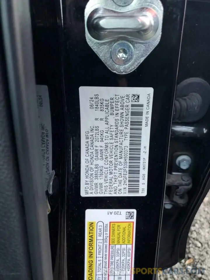 12 Фотография поврежденного автомобиля 2HGFE2F53SH500373 HONDA CIVIC 2025