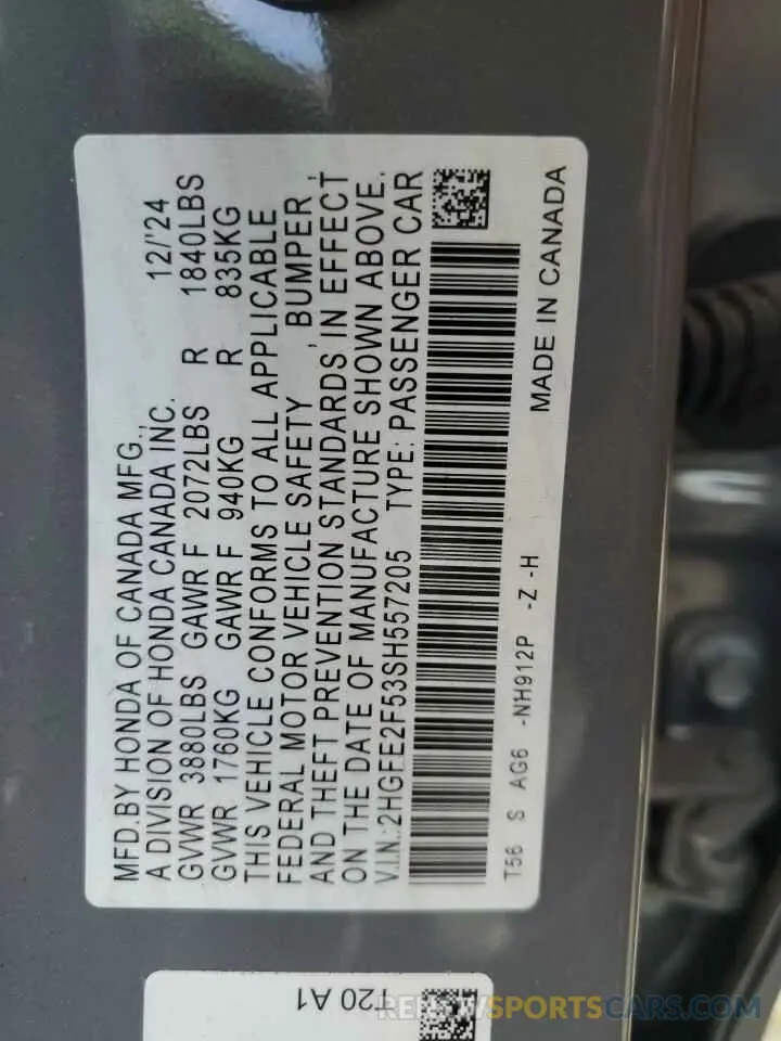 12 Фотография поврежденного автомобиля 2HGFE2F53SH557205 HONDA CIVIC 2025
