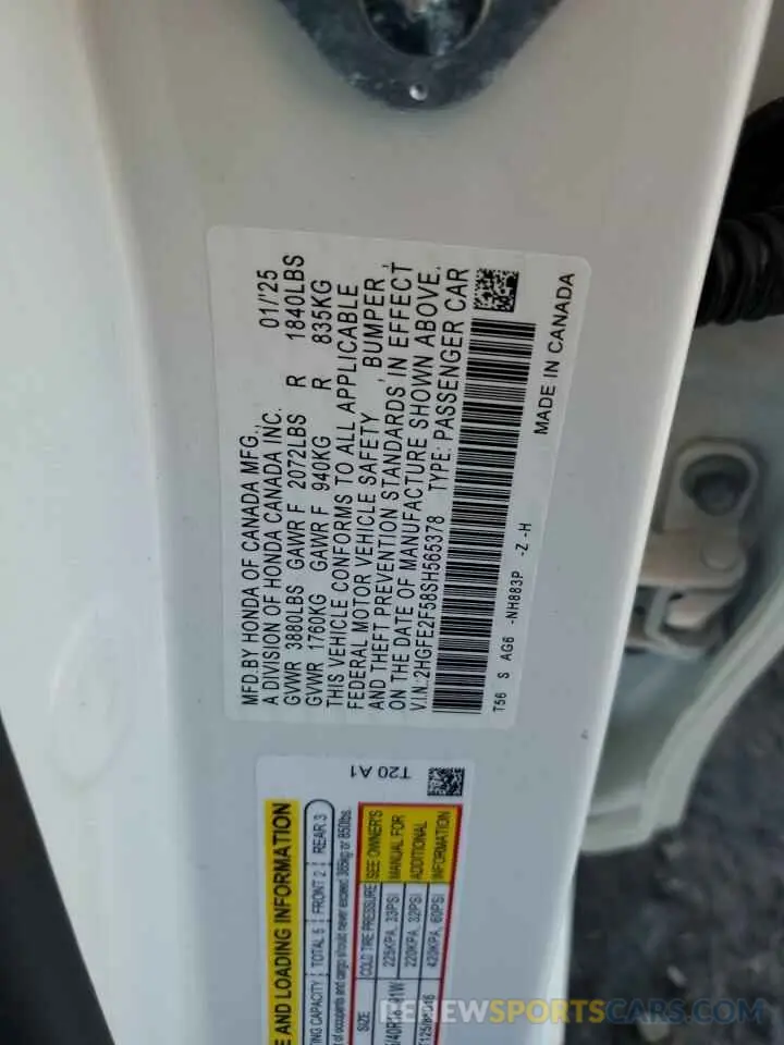 12 Фотография поврежденного автомобиля 2HGFE2F58SH565378 HONDA CIVIC 2025