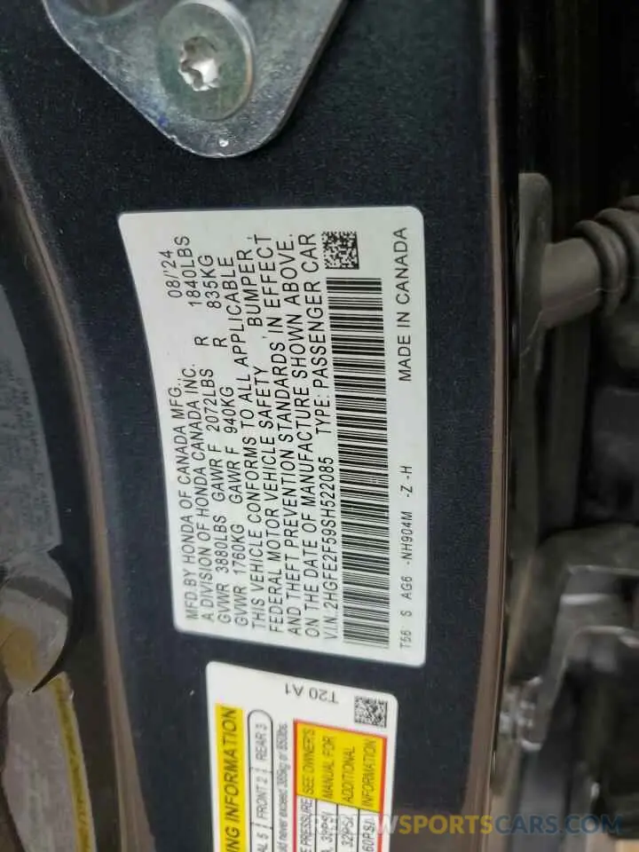 12 Фотография поврежденного автомобиля 2HGFE2F59SH522085 HONDA CIVIC 2025