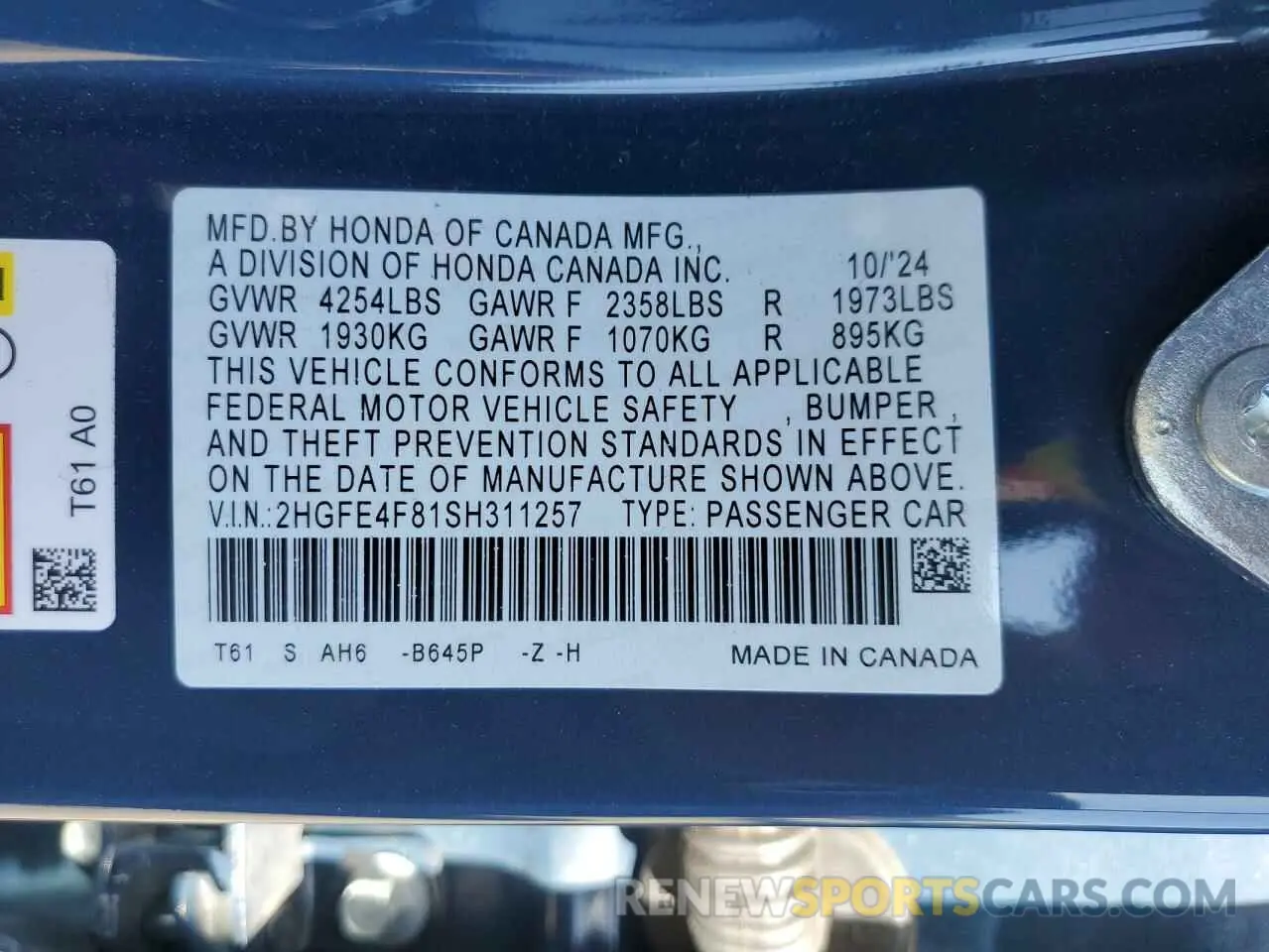 13 Фотография поврежденного автомобиля 2HGFE4F81SH311257 HONDA CIVIC 2025