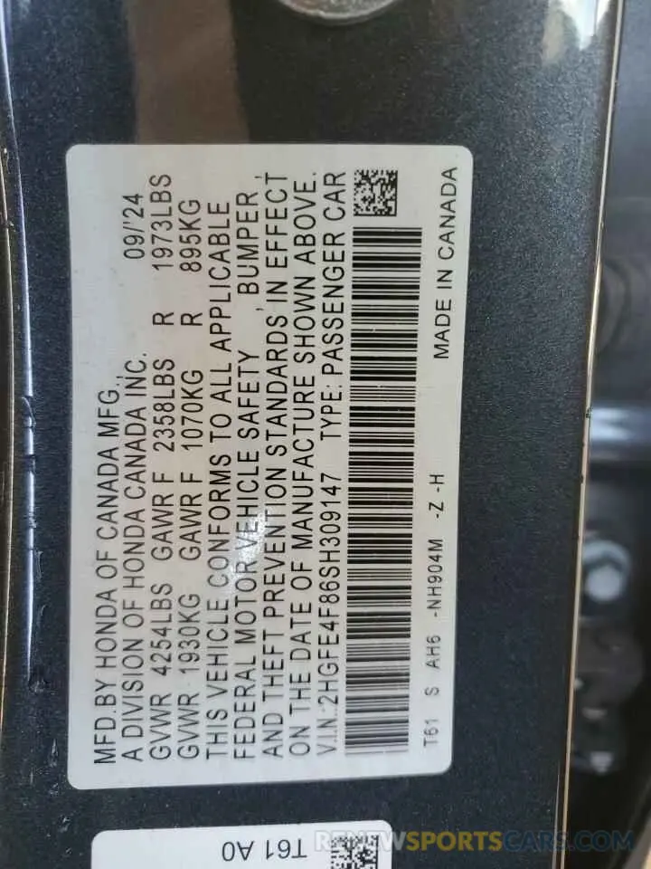 12 Фотография поврежденного автомобиля 2HGFE4F86SH309147 HONDA CIVIC 2025