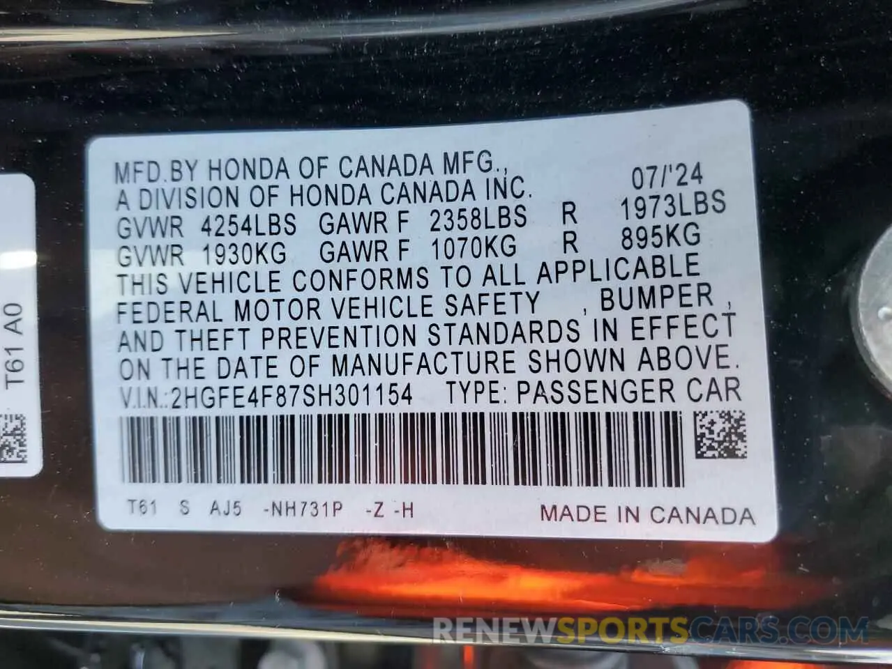 12 Photograph of a damaged car 2HGFE4F87SH301154 HONDA CIVIC 2025